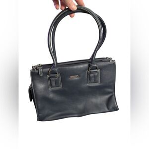 Vintage Chic Navy Faux Leather Satchel with Lots of Storage and Silver Accents